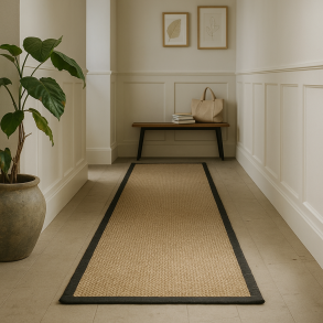 Langt sisalinspireret l�bert�ppe med sort kant i lys entr� med beige v�gge, gr�n plante og b�nk &ndash; stilrent og slidst�rkt entr�t�ppe fra T�ppetossen.