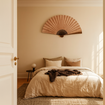 Beige soveværelse med naturligt tæppe under dobbeltseng med hørsengetøj, brun plaid og vægdekoration i vifteform – roligt og varmt skandinavisk design fra Tæppetossen.