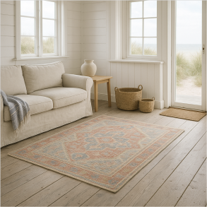 Lyst skandinavisk stue med naturfarvet sofahj�rne og v�vet t�ppe i varme pastelnuancer &ndash; rolig, nordisk indretning fra T�ppetossen med udsigt til stranden.