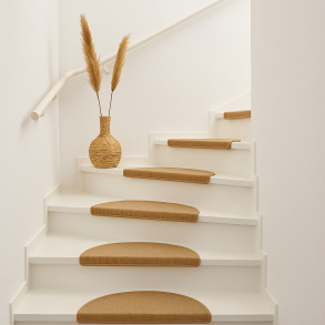 Hvide trapper med halvm�neformede, lysebrune trappet�pper og en fletvase med pampasgr�s p� reposen &ndash; stilren, nordisk indretning med fokus p� sikkerhed og �stetik fra T�ppetossen.