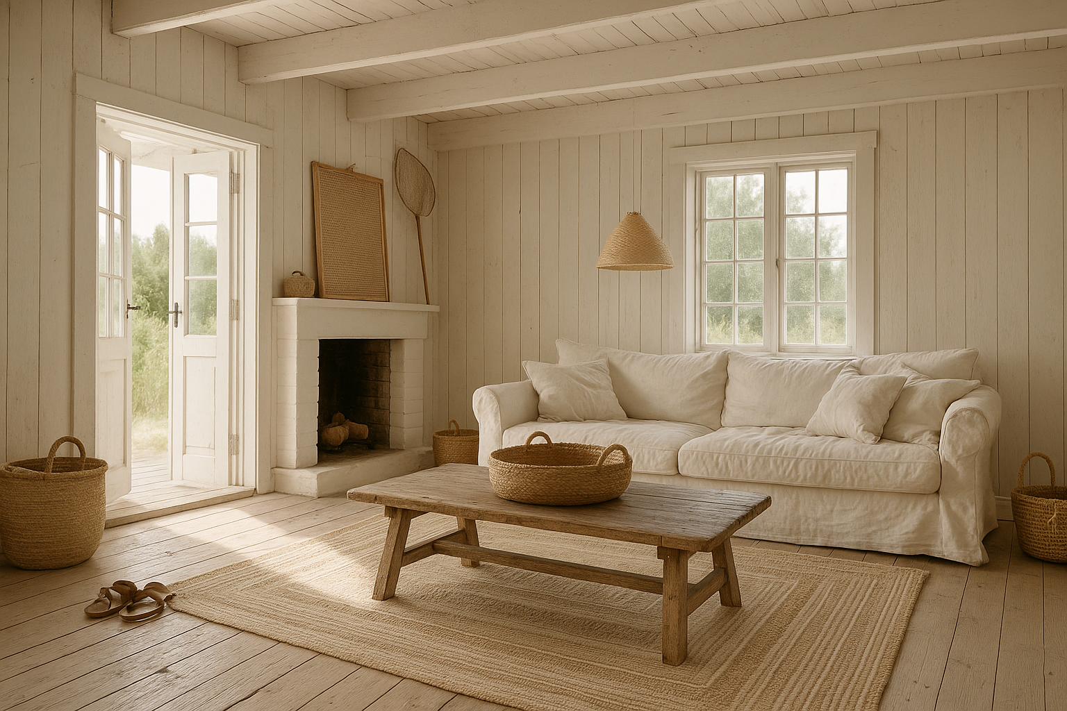 Lyst skandinavisk sommerhus med hvidmalede trævægge, naturfarvet tæppe under et rustikt sofabord og hvid sofa – rolig og varm indretning i naturlige materialer.